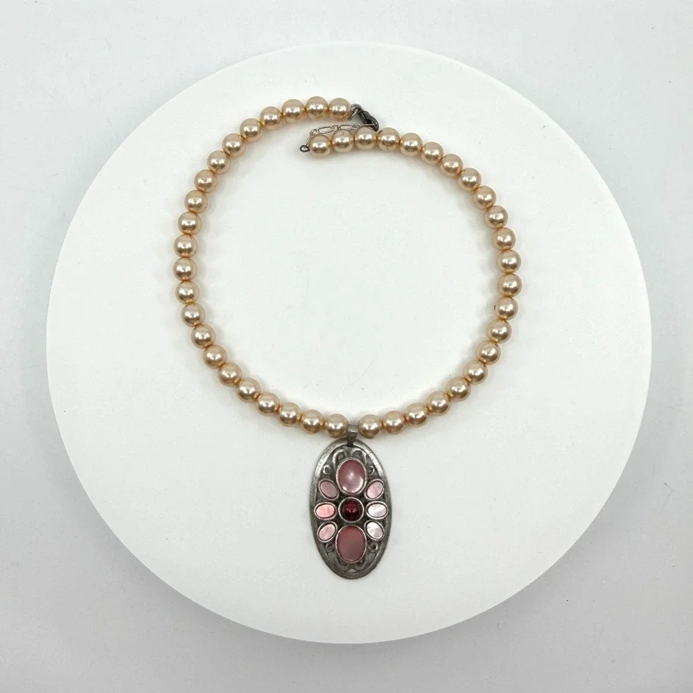 Blush Faux Pearl Pink Cabochon Pendant Necklace Silver Tone Coquette Statement